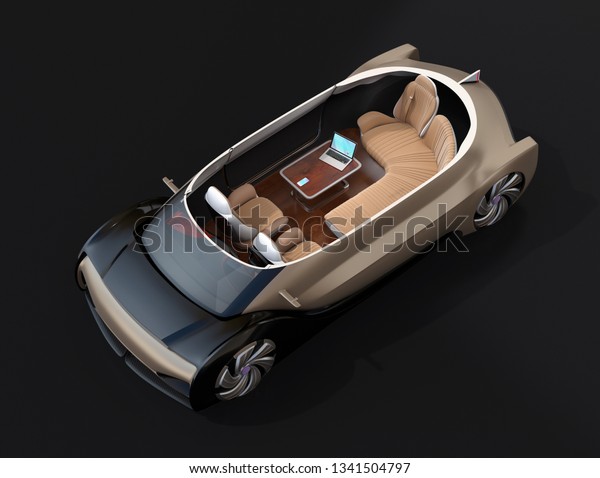 Cutaway self driving electric car isolated on\
black background. Lounge chair and rear facing seats. First class\
style. 3D rendering\
image.