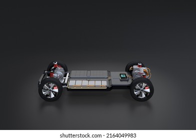 Cutaway side view of SUV chassis equiped with electric vehicle battery pack on black background. 3D rendering image.
