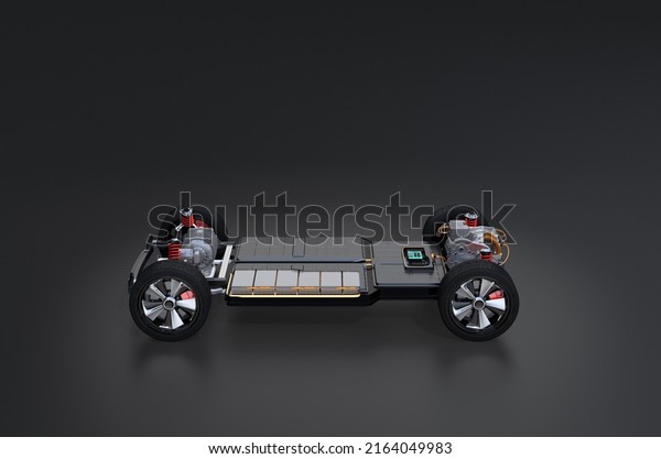 Cutaway side\
view of SUV chassis equiped with electric vehicle battery pack on\
black background. 3D rendering\
image.