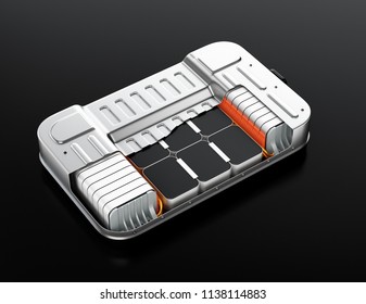 Cutaway View Of Electric Vehicle Battery Pack On Gray Background. 3D Rendering Image.