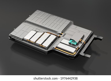Cutaway view of electric vehicle battery pack on black background. 3D rendering image.