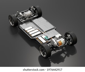 Cutaway view of Electric Vehicle Chassis with battery pack on black background. 3D rendering image.
