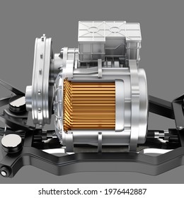 Cutaway view of Electric Vehicle Motor with suspension on gray background. 3D rendering image. 