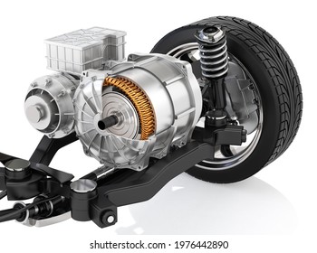 Cutaway view of Electric Vehicle Motor with suspension on white background. 3D rendering image. 