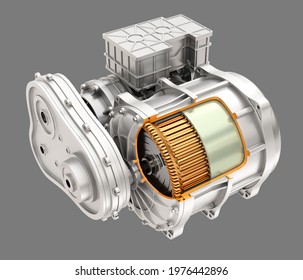 Cutaway view of Electric Vehicle Motor on gray background. 3D rendering image.