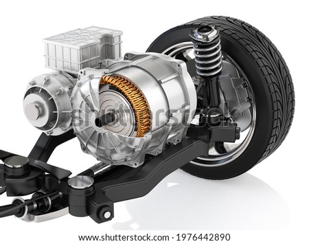 Cutaway view of Electric Vehicle Motor with suspension on white background. 3D rendering image.  Foto stock © 