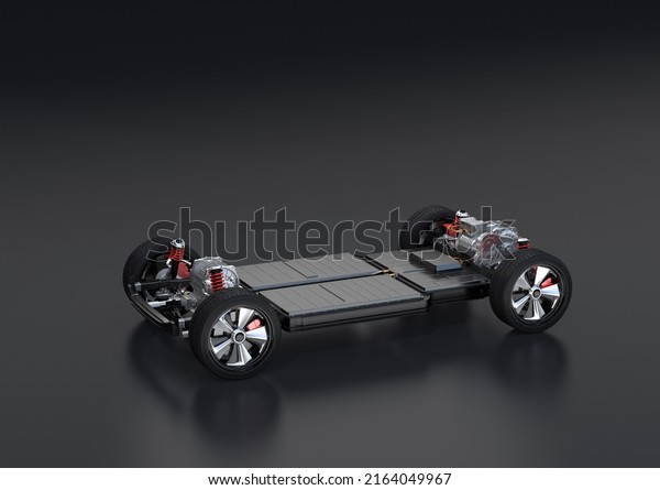 Cutaway view of SUV\
chassis equiped with electric vehicle battery pack on black\
background. 3D rendering\
image.