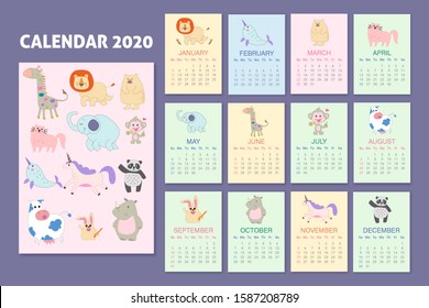 Cute 2020 Calendar  Yearly Planner Calendar and all Months  Good Organizer   Schedule  Cute holiday illustration and funny animals  Good for kids