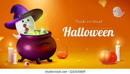 Cute 3d Halloween Banner. 3d Illustrated Ghost In Witch Hat Stirring A Pot With Sllime, Bones And Eyeball On Orange Scene Background With Little Ghost Flying And Pumpkins, Candle Decoration.