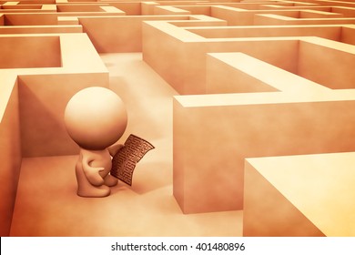 cute 3d human character exploring a maze structure using a map a?? vintage version (3d illustration)