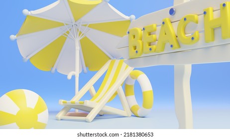 Cute 3d illustration cartoon beach scene  3d white   yello parasol  ball  swim ring  sunbed   beach wooden sign against gradient blue background  Summer design  Traveling mock up  Summer beach 