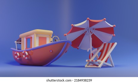 Cute 3d Illustration Of Cartoon Colorful Boat, Beach Chair And Parasol Against Gradient Blue  Background. Summer Design. Traveling Mock Up. Summer Ship. Boat, Sailing, Beach. Copy Space.