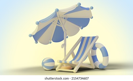 Cute 3d Illustration Of Cartoon White And Blue Parasol, Ball, Swim Ring And Sunbed Against Gradient Yellow Background. 3d Illustration Highly Usable. Summer Design. Traveling Mock Up. Beach Scene.