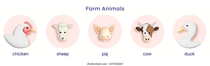 Cute 3D Illustration Of Farm Animal Head Icons Including Chicken, SHeep, Pig, Cow, And Duck In Pink Background