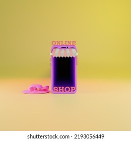 Cute 3d Illustration Of Mobile Phone With Pink Awning And Hat Against Gradient Yellow Background. Minimal Concept. 3d Illustration Highly Usable. E Commerce Design. Online Shop Template.