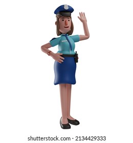 Cute 3D Police Woman Cartoon Design Waving Hand