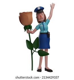 Cute 3D Police Woman Cartoon With A Rose Flower
