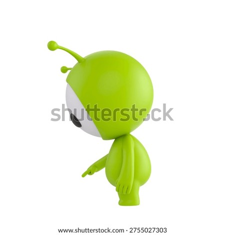 Cute 3D render Alien Monster character turned sideways to the camera, pointing down at the ground in front, indicating focus or attention, isolated on white background.