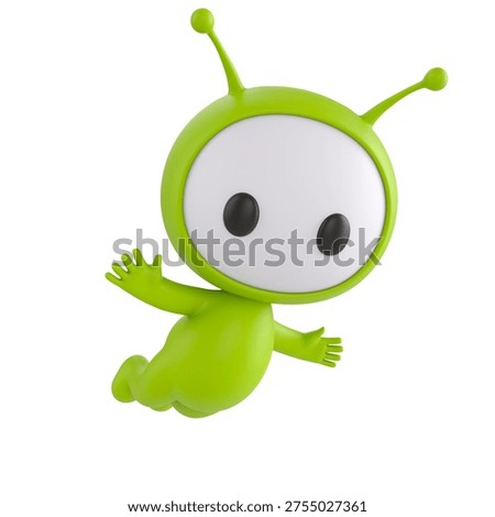 Cute 3D render Alien Monster character flying freely in the air, joyful and carefree mascot style, isolated on white background for freedom, imagination, and digital design.