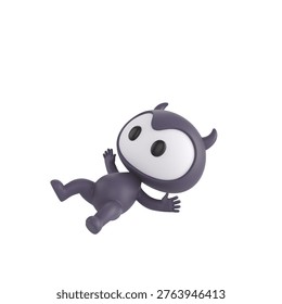 Cute 3D render Black Devil character slipping and falling, surprised and playful expression, dynamic mascot style, isolated on white background.