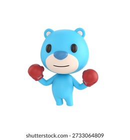 Cute 3D render Blue Bear character wearing boxing gloves and raising both hands in a guard stance, ready to fight, showing determination and confidence, isolated on white background.
