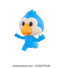 Cute 3D render Blue Bird character running away in fear, scared and panicking, isolated on white background.