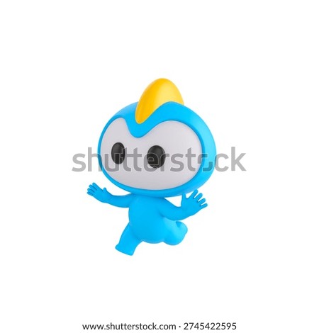 Cute 3D render Blue Mascot character running away in fear, scared and panicking, isolated on white background.