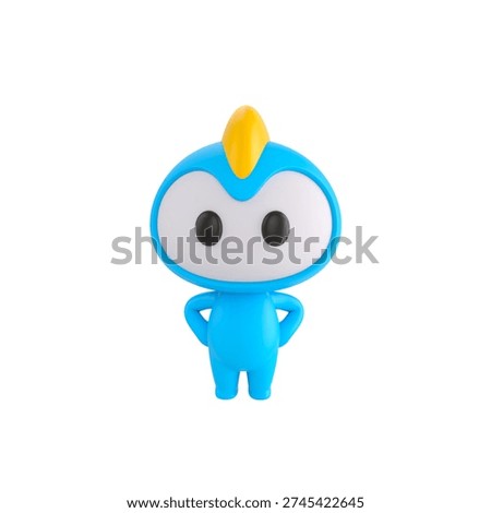 Cute 3D render Blue Mascot character standing with hands on hips, confident and assertive mascot style, isolated on white background for leadership, attitude, and digital design.