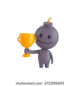Cute 3D render Bomb Head character standing and holding up a trophy, proud and celebratory pose, isolated on white background.