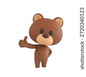 Cute 3D render Brown Bear character giving a thumbs up with one hand while the other hand rests on the hip, confident and friendly mascot style, isolated on white background.