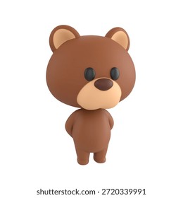 Cute 3D render Brown Bear character standing calmly with hands behind back, polite and confident mascot style, isolated on white background.
