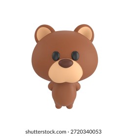 Cute 3D render Brown Bear character standing with hands behind the back, looking up at the camera with a calm and polite pose, isolated on white background.