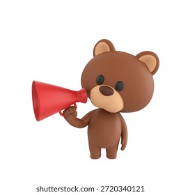 Cute 3D render Brown Bear character making an announcement through a megaphone, expressive and energetic mascot style, isolated on white background.