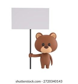 Cute 3D render Brown Bear character holding a blank white sign, friendly and neutral mascot style, isolated on white background.