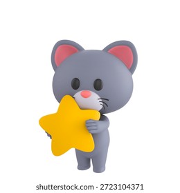 Cute 3D render Cat character hugging a star, showing love, warmth, and appreciation, isolated on white background.