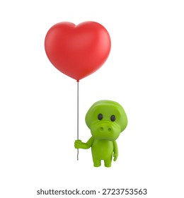 Cute 3D render Crocodile character standing and holding a heart-shaped balloon, sweet and affectionate pose, isolated on white background.