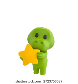 Cute 3D render Crocodile character hugging a star, showing love, warmth, and appreciation, isolated on white background.