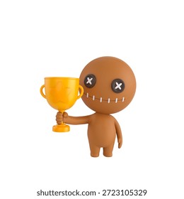 Cute 3D render Doll character standing and holding up a trophy, proud and celebratory pose, isolated on white background.