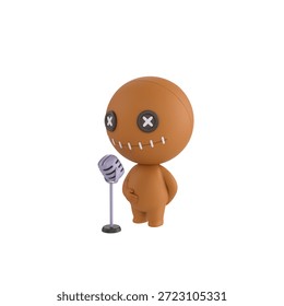 Cute 3D render Doll character standing and speaking into a microphone, confident presentation pose, isolated on white background.