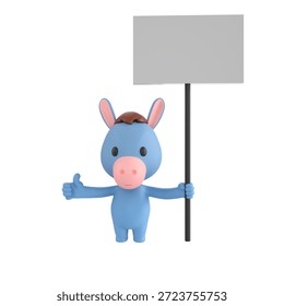 Cute 3D render Donkey character holding a blank sign with one hand and giving a thumbs up with the other, friendly and positive mascot style, isolated on white background.