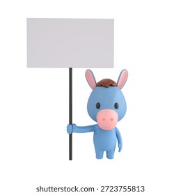 Cute 3D render Donkey character holding a blank white sign, friendly and neutral mascot style, isolated on white background.