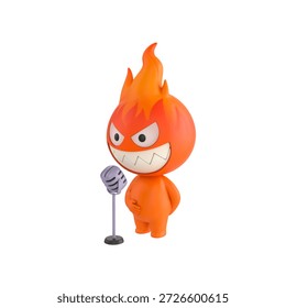 Cute 3D render Fire Monster character standing and speaking into a microphone, confident presentation pose, isolated on white background.
