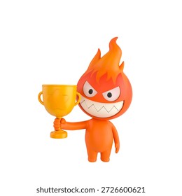 Cute 3D render Fire Monster character standing and holding up a trophy, proud and celebratory pose, isolated on white background.