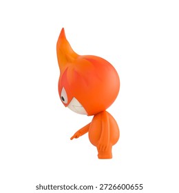 Cute 3D render Fire Monster character turned sideways to the camera, pointing down at the ground in front, indicating focus or attention, isolated on white background.