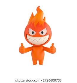 Cute 3D render Fire Monster character giving double thumbs up, cheerful and positive mascot style, isolated on white background for approval, success, and digital design.