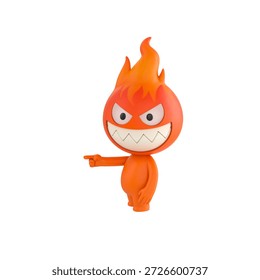 Cute 3D render Fire Monster character pointing to the side while facing the camera, one hand relaxed at the side, friendly and confident mascot style, isolated on white background.