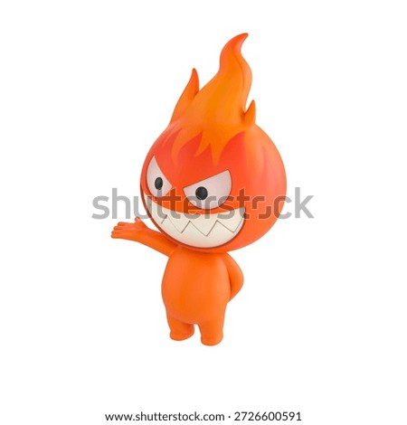 Cute 3D render Fire Monster character gesturing to the side as presenting, isolated on white background.