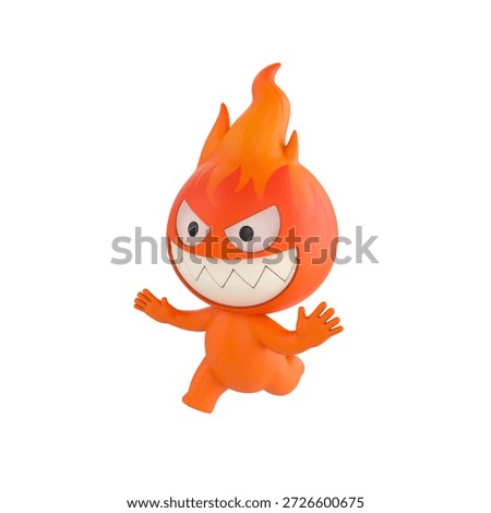 Cute 3D render Fire Monster character running away in fear, scared and panicking, isolated on white background.