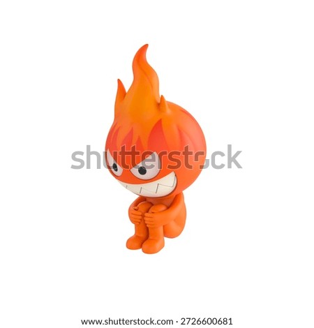 Cute 3D render Fire Monster character sitting on the floor hugging knees. Isolated on a clean white background.