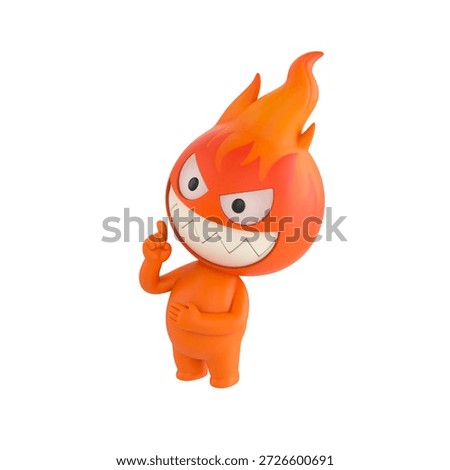 Cute 3D render Fire Monster character standing and thinking deeply, hand on chin in a thoughtful pose, calm and reflective mascot style, isolated on white background.